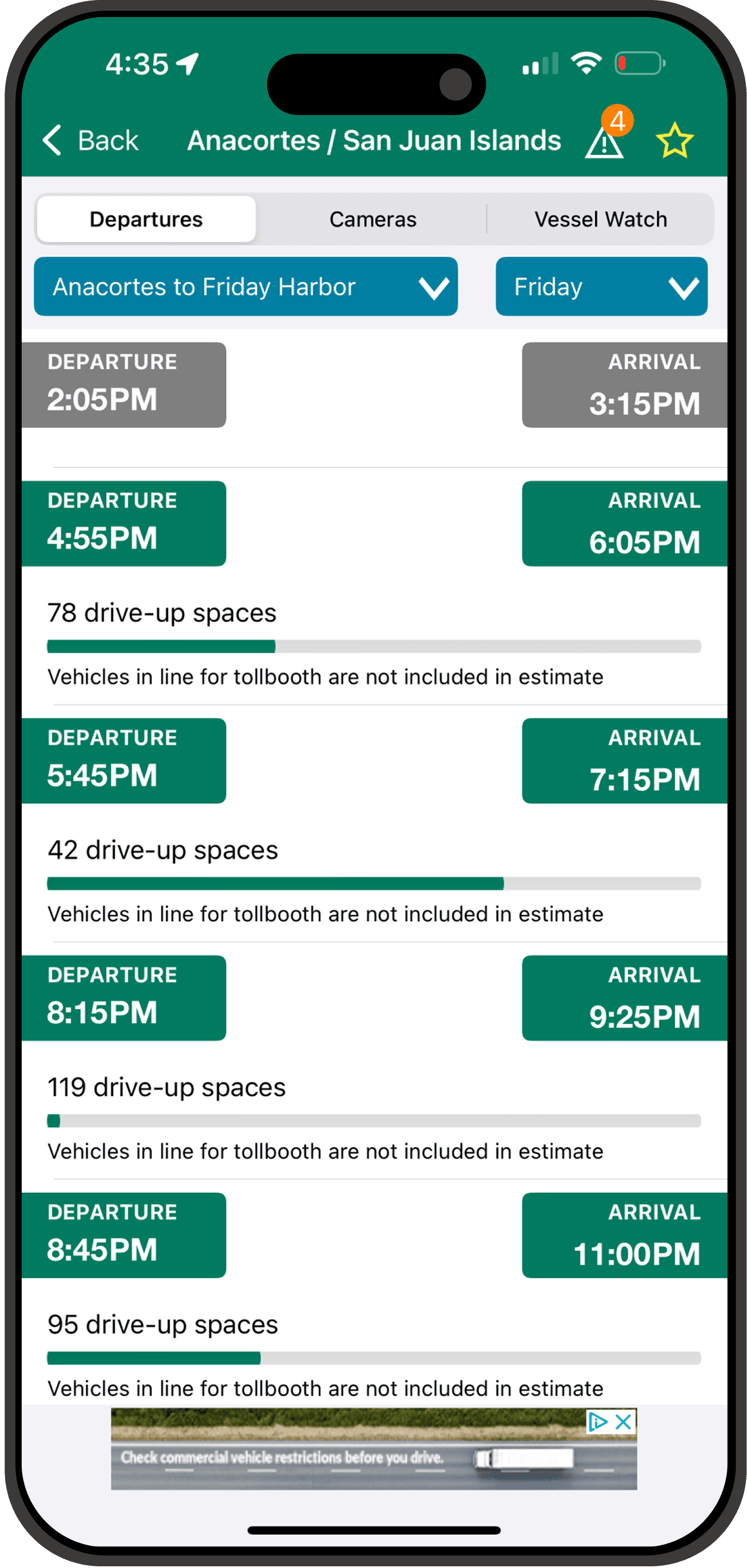 WSDOT departures and arrivals