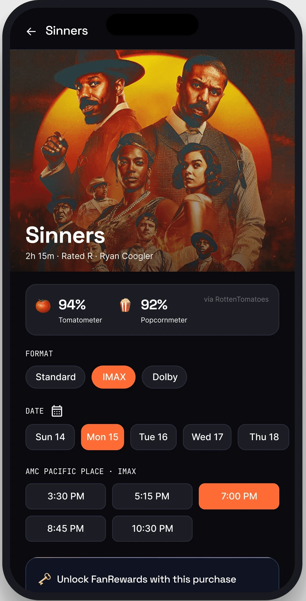 Fandango showtime picker on mobile
