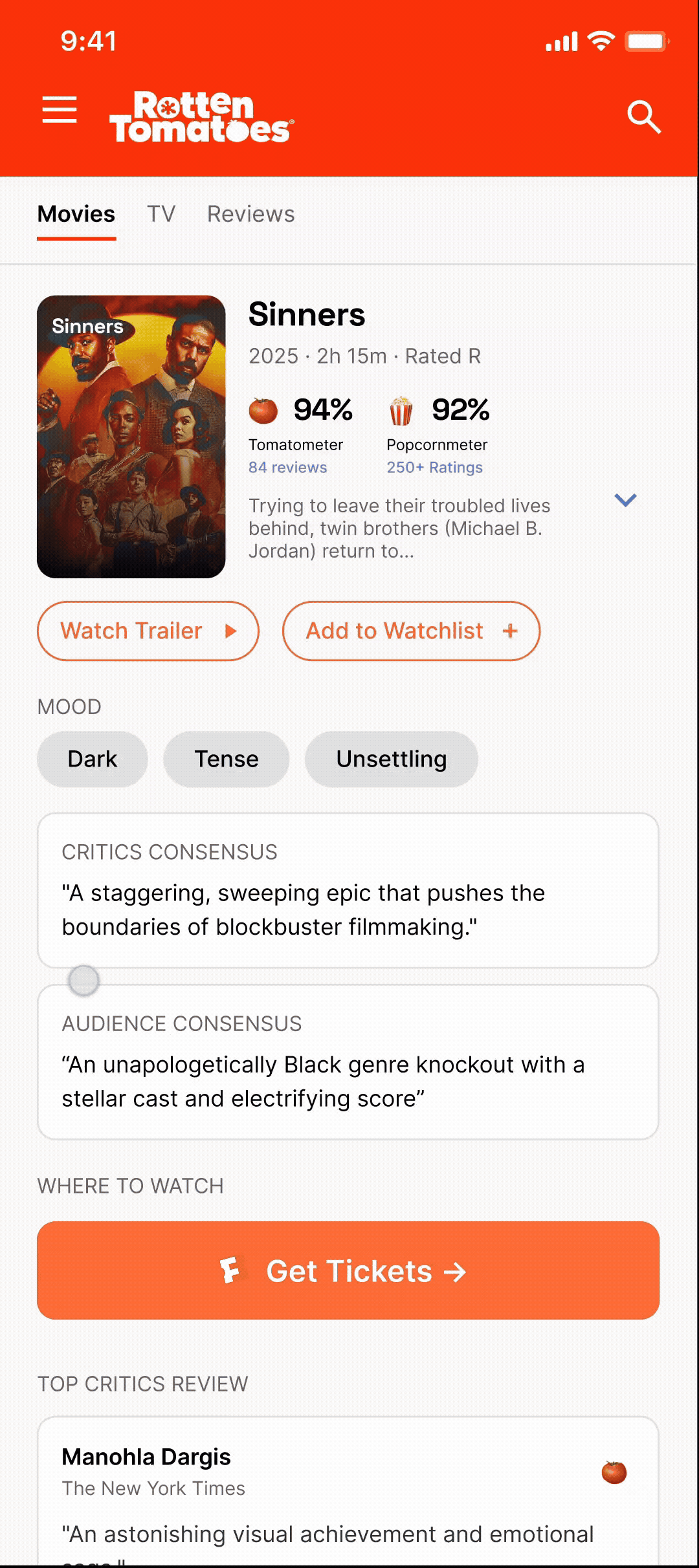 Rotten Tomatoes film detail on mobile